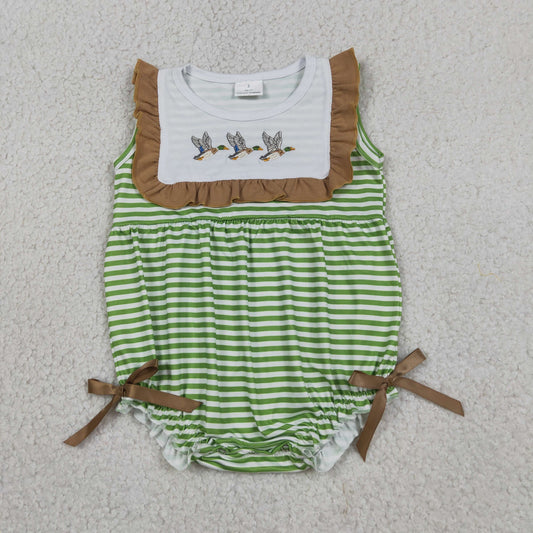 Baby Girls Kids Embroidery Ducks Green Stripes Bubble Bows Romper