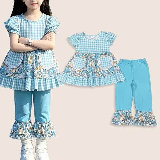 Baby Girls Kids Short Sleeves Flower Pockets Plaid Tunic Ruffle Blue Pants Clothes Set