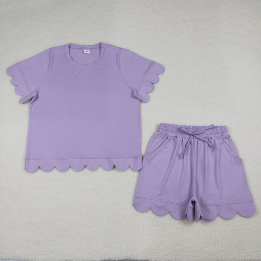 RTS Adult Women Purple Short Sleeves Scallop Shirt Shorts Pajamas Clothes Set