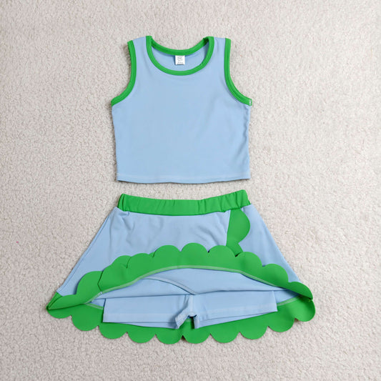 Baby Girls Kids Shirt Scallop Skirt Shorts Yoga Active Blue Green Set Clothes