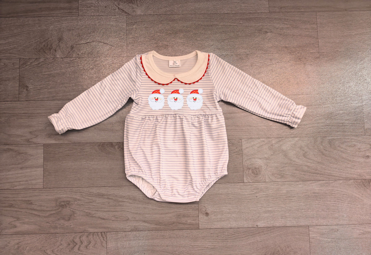 No moq Preorder Baby Girl Kids Embroidery Christmas Santa Stripes Bubble Romper Clothes