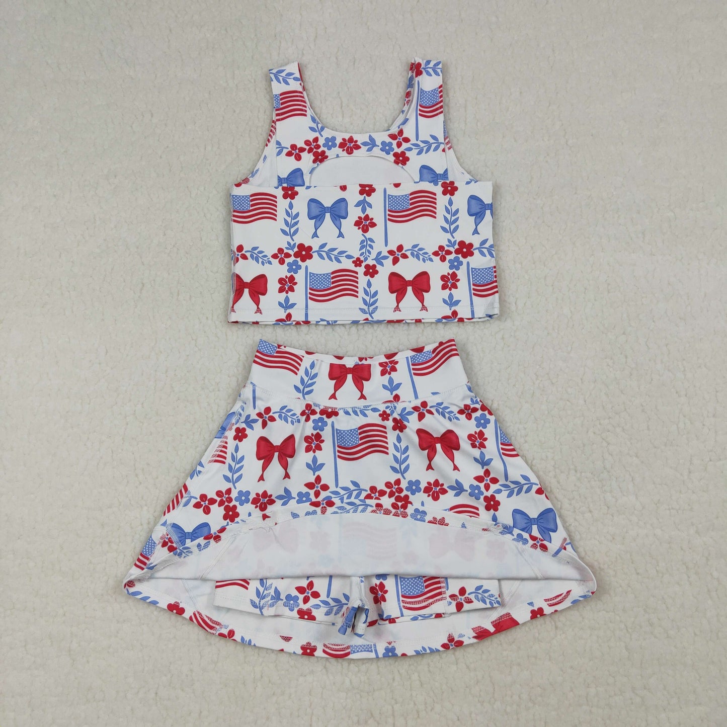 RTS Baby Girls Flags Bows Flowers Tops Skirt Shorts 4th of July Set Yoga Clothes