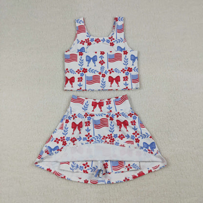 RTS Baby Girls Flags Bows Flowers Tops Skirt Shorts 4th of July Set Yoga Clothes