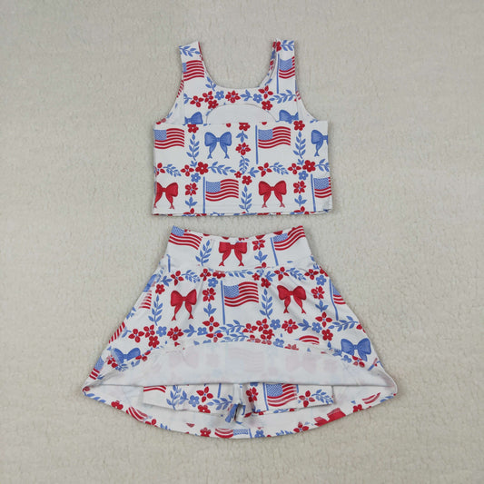 RTS Baby Girls Flags Bows Flowers Tops Skirt Shorts 4th of July Set Yoga Clothes