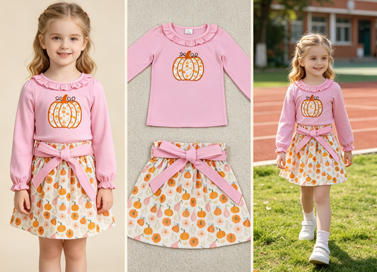Baby Girls Kids Embroidery Pink Tops Pumpkins Bows Skirt Fall Set Clothes