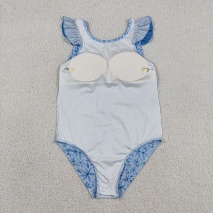 Baby Girl Kids Short Sleeves Blue Flower One Piece Swimsuit