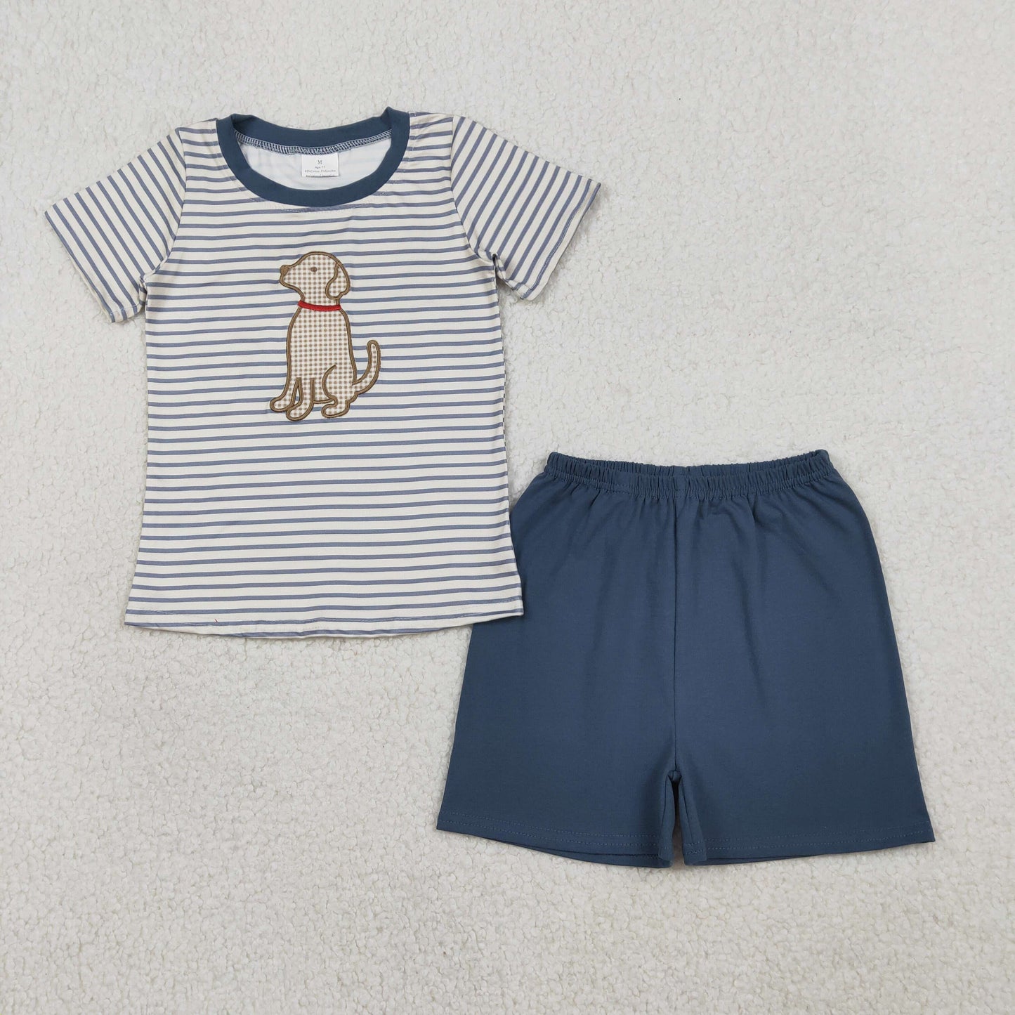 RTS Baby Boys Stripes Short Sleeves Embroidery Dog Shirt Shorts Summer Clothes Set