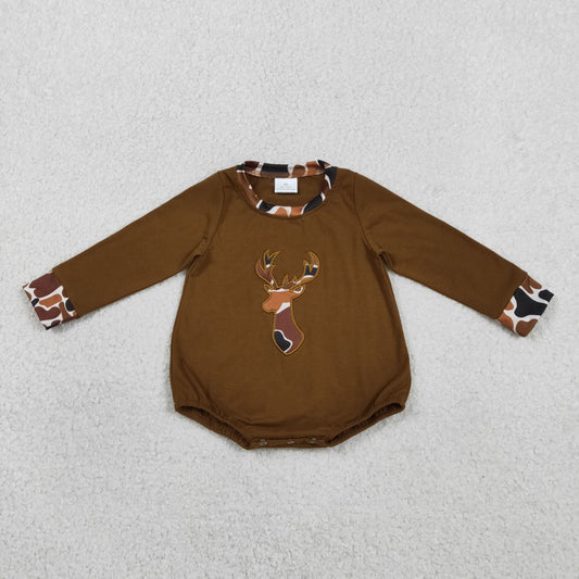 RTS Baby Boy Toddler Brown Long Sleeves Embroidery Camo Deer Romper