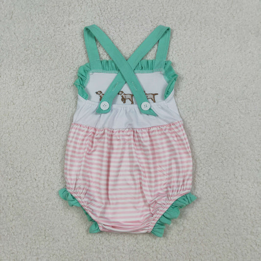 RTS Baby Girls Infant Straps Embroidery Dogs Stripes Ruffle Bubble Romper