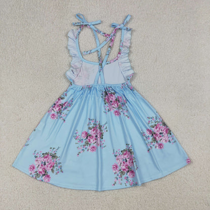 Baby Girls Kids Sleeveless Flower Knee Length Blue Dress Summer Clothes