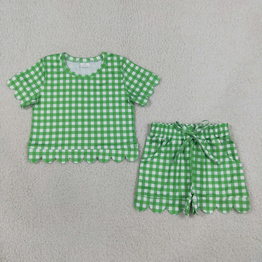 Baby Girls Kids Short Sleeves Green Plaid Shirt Scallop Shorts Set Clothes