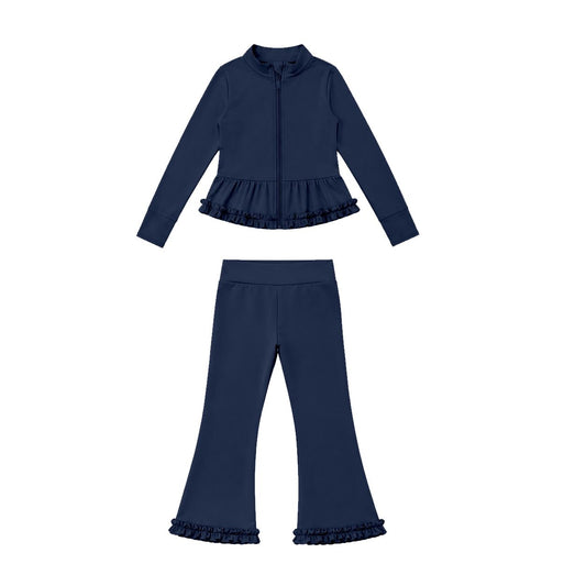 Moq 5 Preorder Baby Girls Kids Zipper Ruffle Cardigan Tops Pants Navy Set Yoga Active Clothes