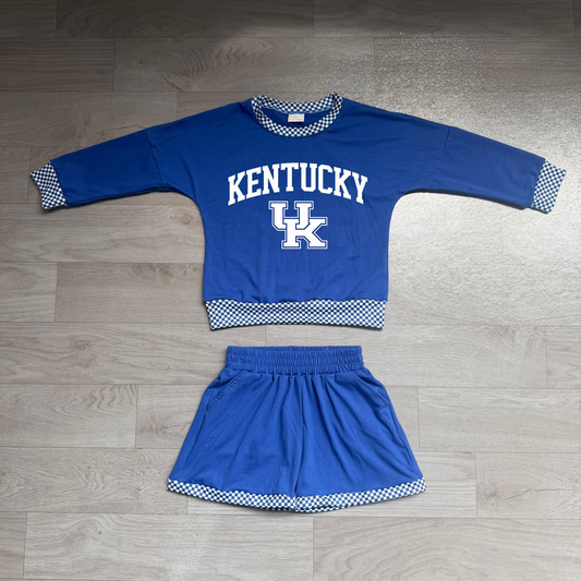 No moq Preorder Baby Girls Kids Long Sleeves Blue Shirt Shorts Cotton Set Team Clothes