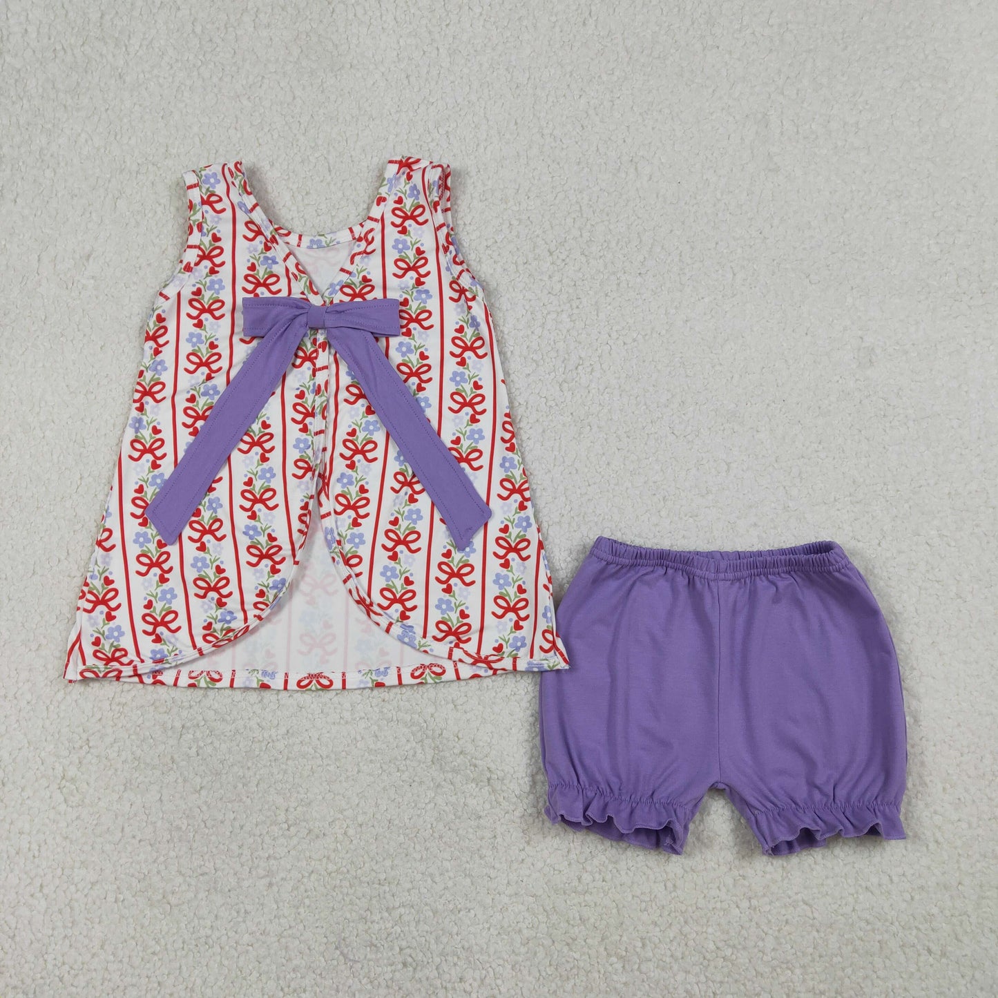 RTS Baby Girls Kids Sleeveless Flower Bows Hearts Tunic Purple Shorts 4th of July Set