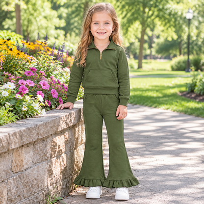 Baby Girls Kids Long Sleeves Zipper Shirt Pockets Pants Green Set Sweatsuit‌ Cotton Clothes