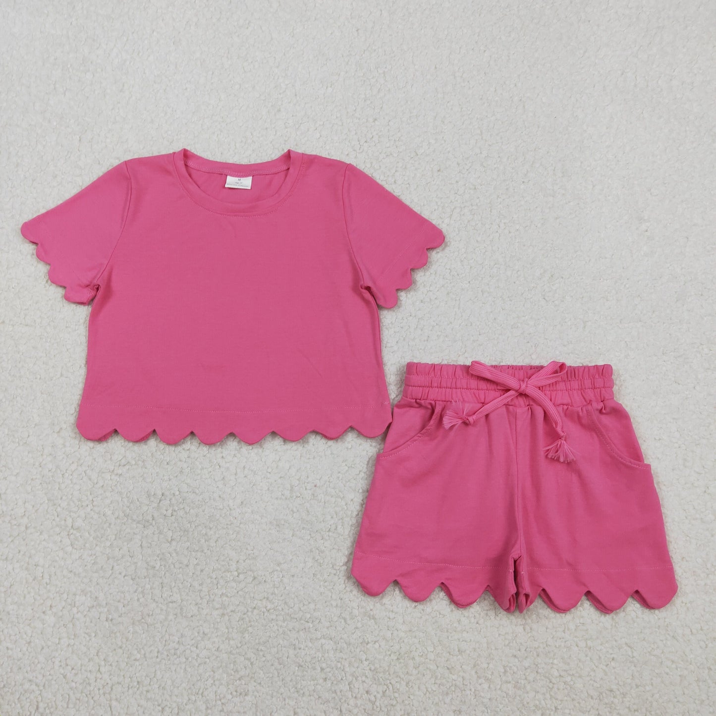 RTS Baby Girls Kids Short Sleeves Hot Pink Shirt Scallop Shorts Summer Clothes Set
