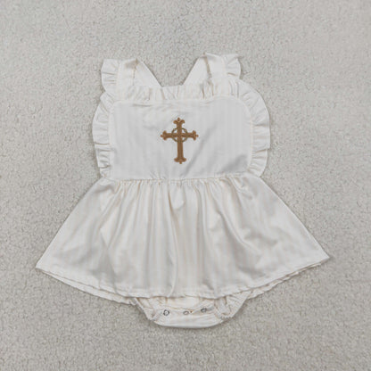 RTS Baby Girls Infant Straps Embroidery Cross Easter Bubble Romper