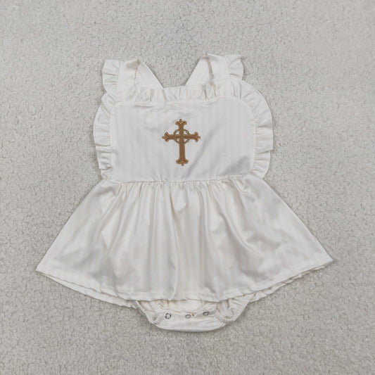 RTS Baby Girls Infant Straps Embroidery Cross Easter Bubble Romper
