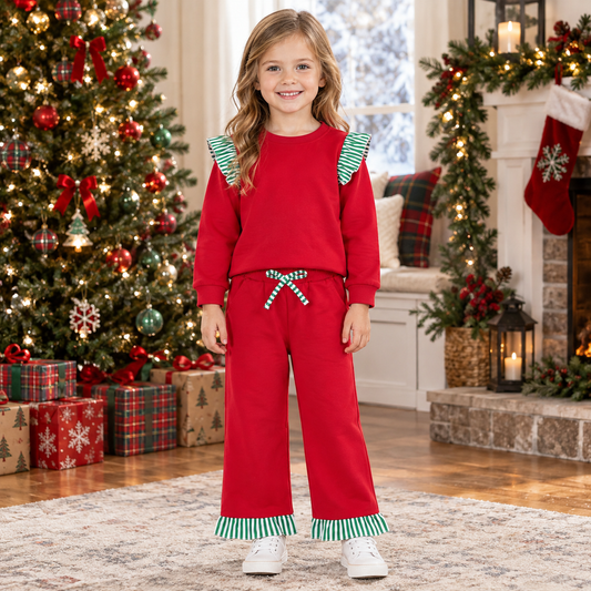 Baby Girls Kids Stripes Long Sleeves Ruffle Shirt Pockets Pants Red Set Christmas Clothes