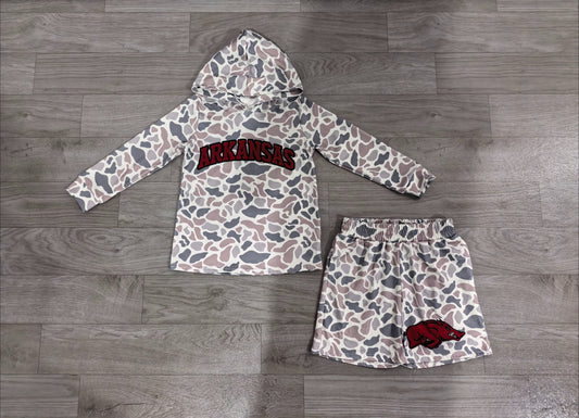 No moq Preorder Baby Boy Kids Long Sleeves Grey Camo Hoodie Shirt Pig Shorts Team Set