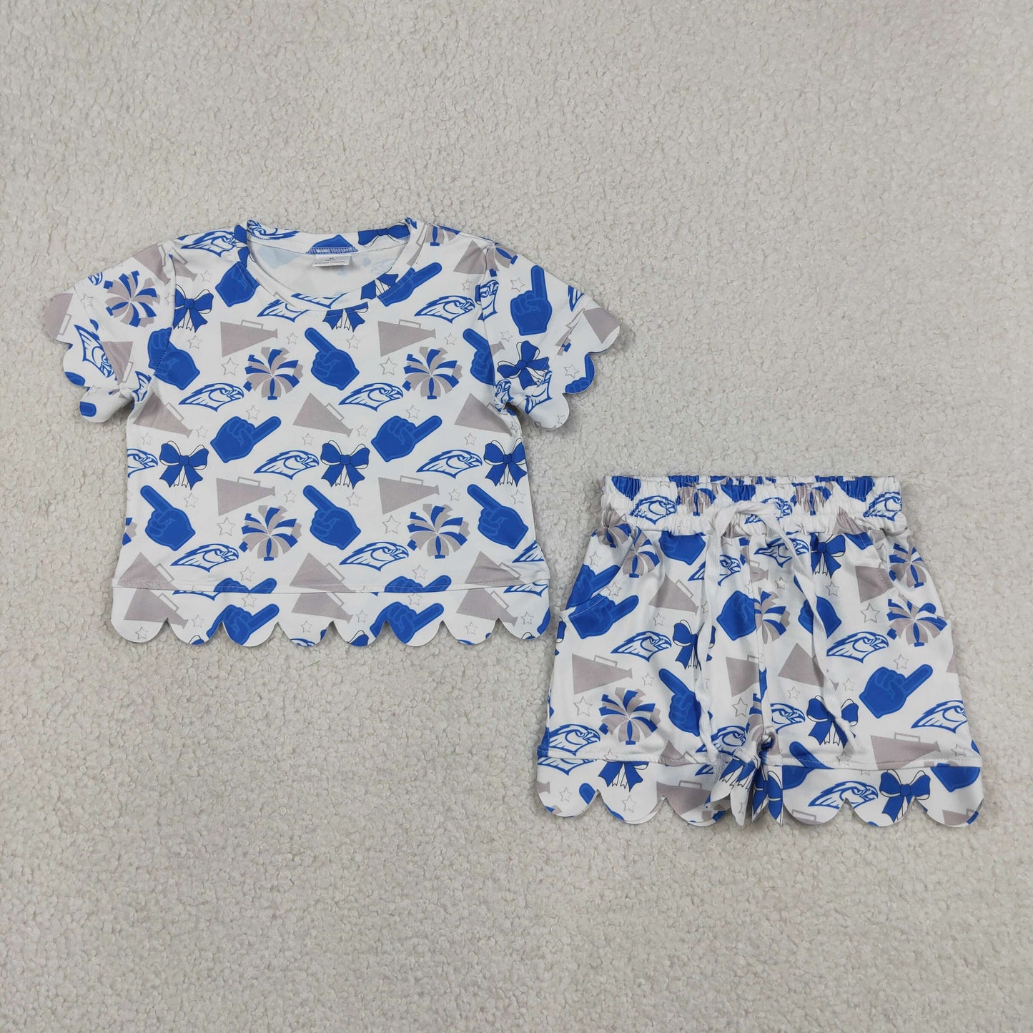 Baby Girls Kids Short Sleeves Blue Bows Cheer Shirt Scallop Shorts Team Set