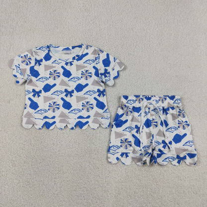 Baby Girls Kids Short Sleeves Blue Bows Cheer Shirt Scallop Shorts Team Set