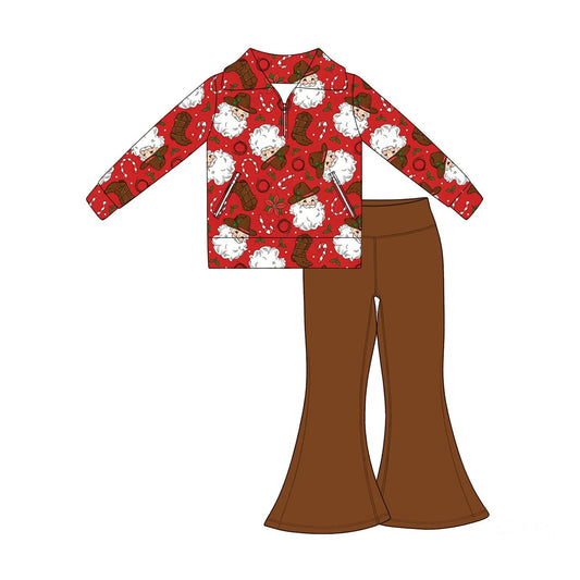 Moq 5 Preorder Baby Girls Kids Christmas Santa Zipper Pockets Tops Brown Pants Set Clothes