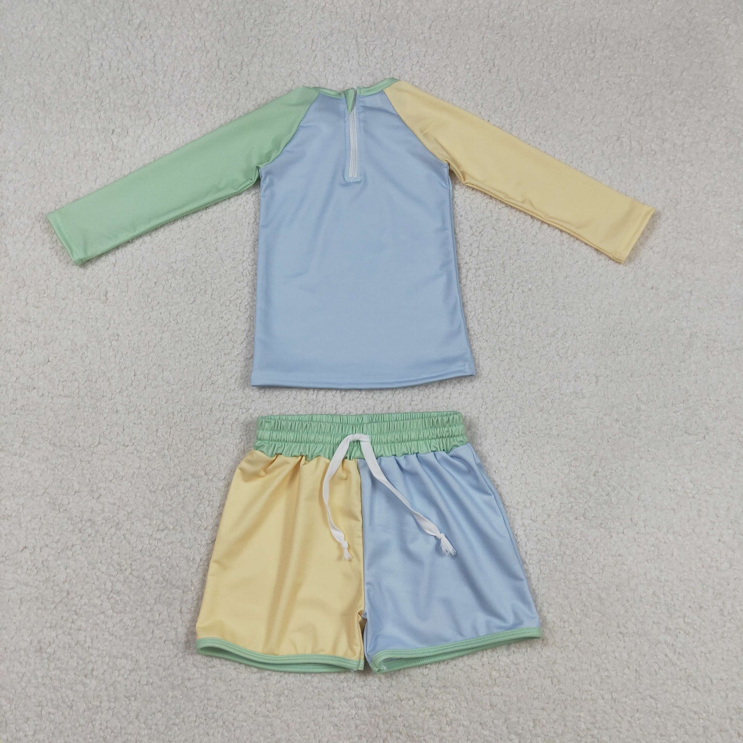 RTS Baby Boys Long Sleeves Zipper Shirt Blue Yellow Shorts Set Swimsuit