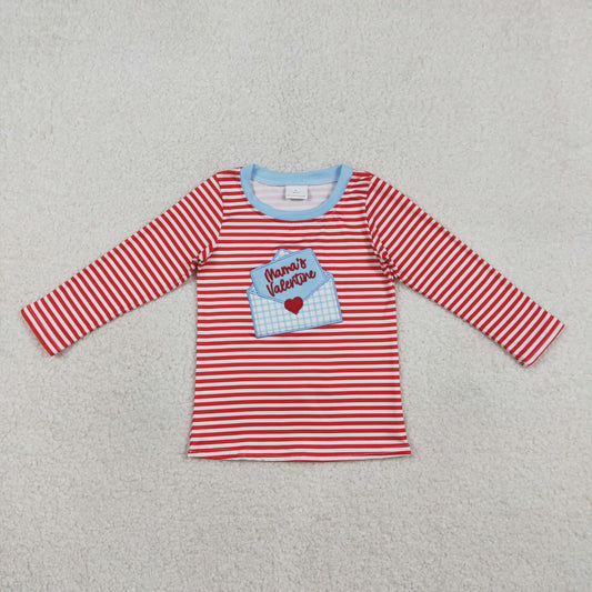 Baby Kids Long Sleeves Embroidery Mama's Valentine Red Stripes Shirt Tops