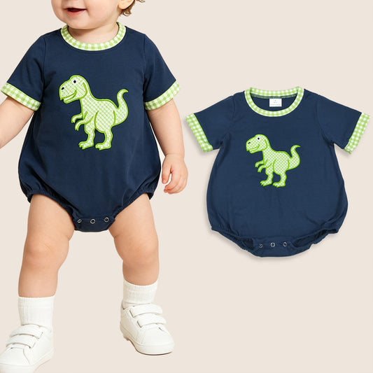 Baby Boys Infant Short Sleeves Embroidery Dinosaur Navy Bubble Romper