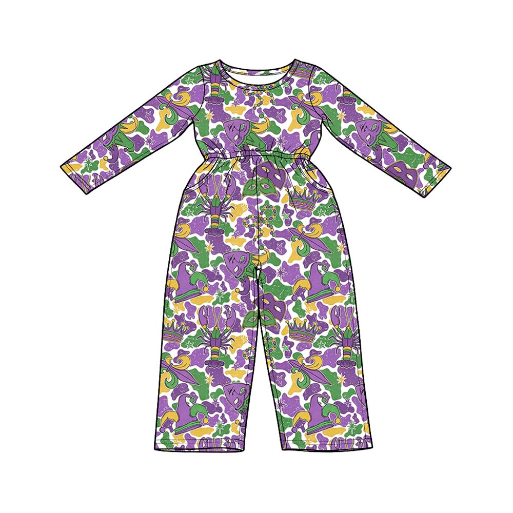 Moq 5 Preorder Baby Girls Kids Long Sleeves Masks Crawfish Camo Print Pants Mardi Gras Jumpsuit Clothes