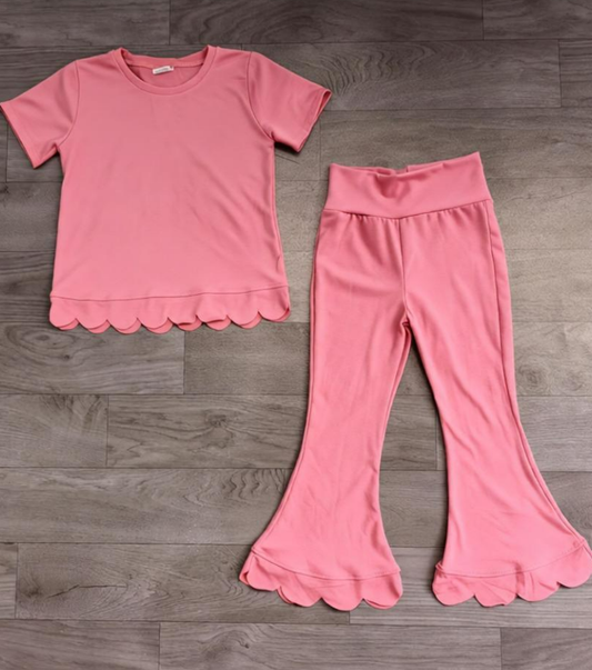No moq Preorder Baby Girls Kids Short Sleeves Pink Shirt Pants Scallop Set Clothes