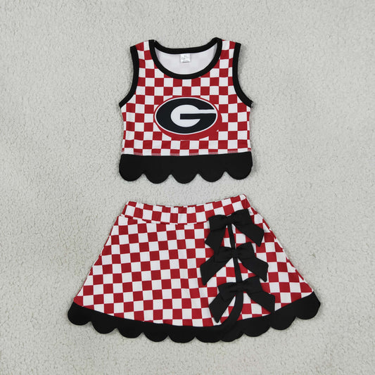 Baby Girls Kids Red Checked Shirt Scallop Bows Skirt Shorts Team Set Yoga Active Clothes