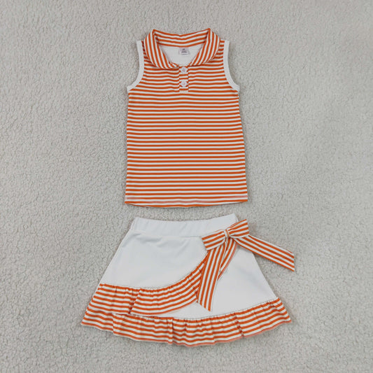 Baby Girls Orange Stripes Buttons Tops Shorts Ruffle Skirts Yoga Clothes Set