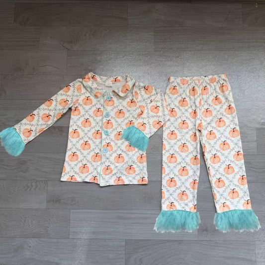 No moq Preorder Baby Girls Kids Fur Long Sleeves Flower Pumpkins Buttons Shirt Pants Fall Pajamas Set Clothes