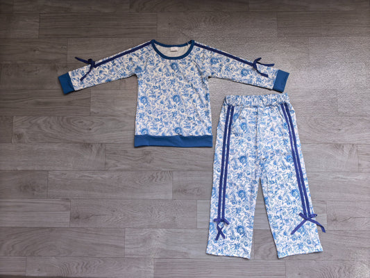 No moq Preorder Baby Girls Kids Flower Blue Bows Shirt Pockets Pants Set Clothes