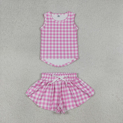 Sibling Baby Girls Kids Sleeveless Plaid Tops Shorts Sets Yoga Active Clothes
