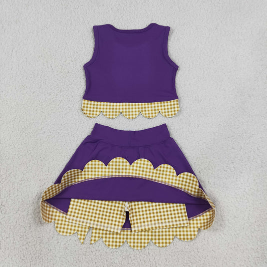 Baby Girls Kids Purple Vest Plaid Bows Scallop Bows Skirt Shorts Yoga Active Set Clothes