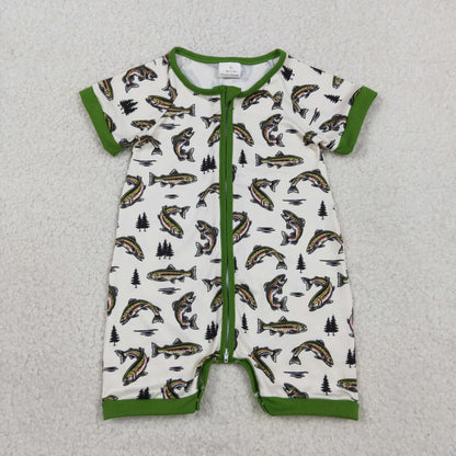 RTS Baby Boy Infant Short Sleeves Fish Zipper Romper