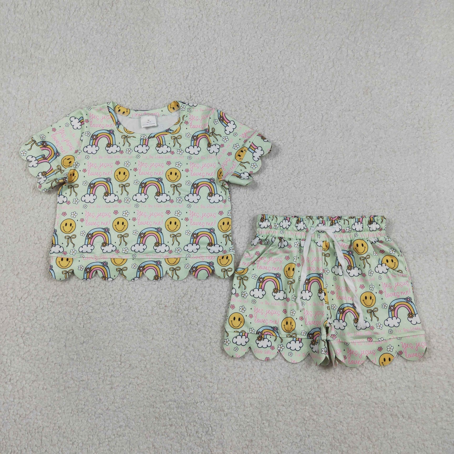 Baby Girls Toddler Short Sleeves Smile Bows Shirt Rainbow Shorts Green Set