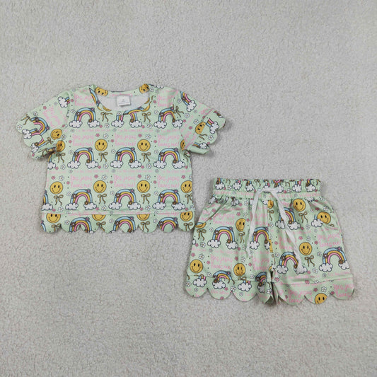 Baby Girls Toddler Short Sleeves Smile Bows Shirt Rainbow Shorts Green Set