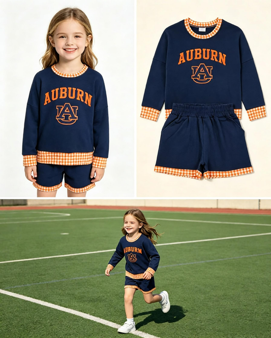 Baby Girls Kids Long Sleeves Navy Shirt Shorts Cotton Set Team Clothes