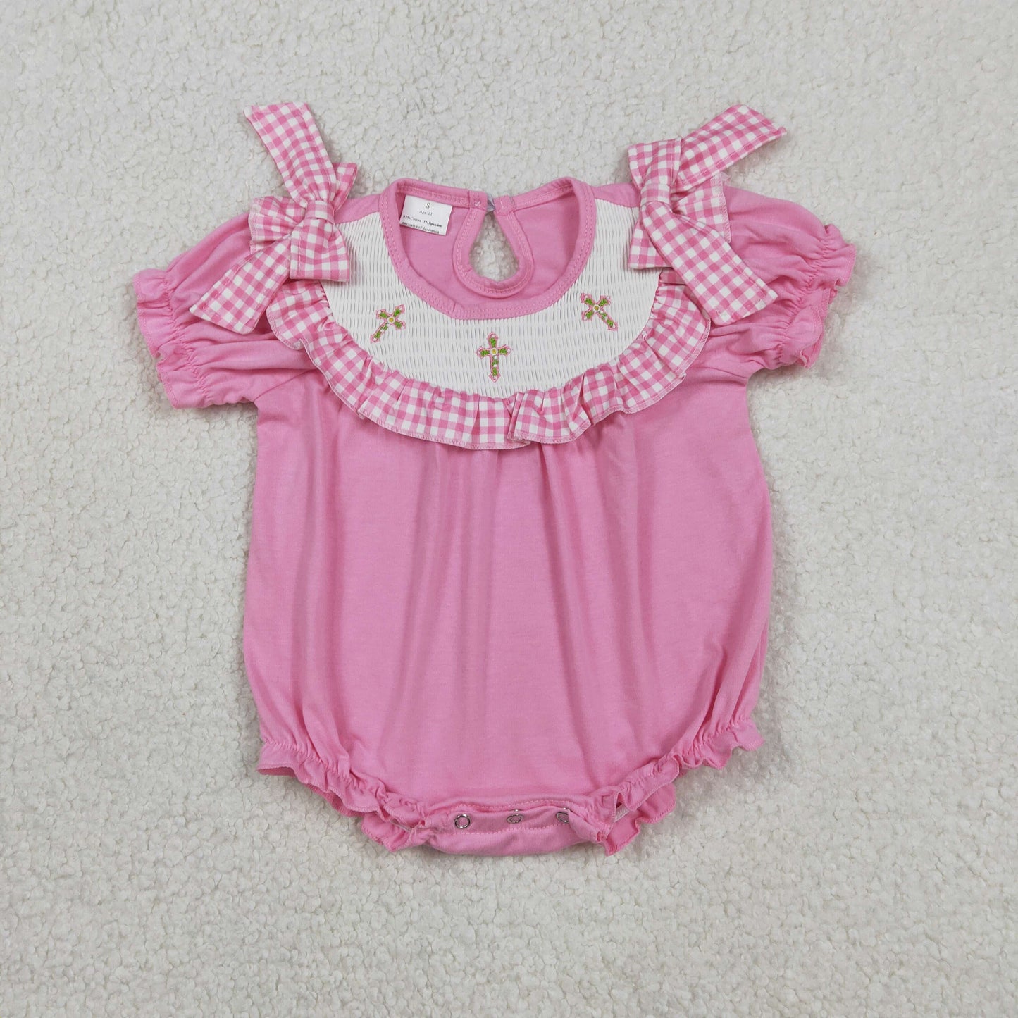 RTS Baby Girls Infant Short Sleeves Embroidery Cross Easter Smocked Pink Bubble Romper