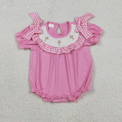 RTS Baby Girls Infant Short Sleeves Embroidery Cross Easter Smocked Pink Bubble Romper