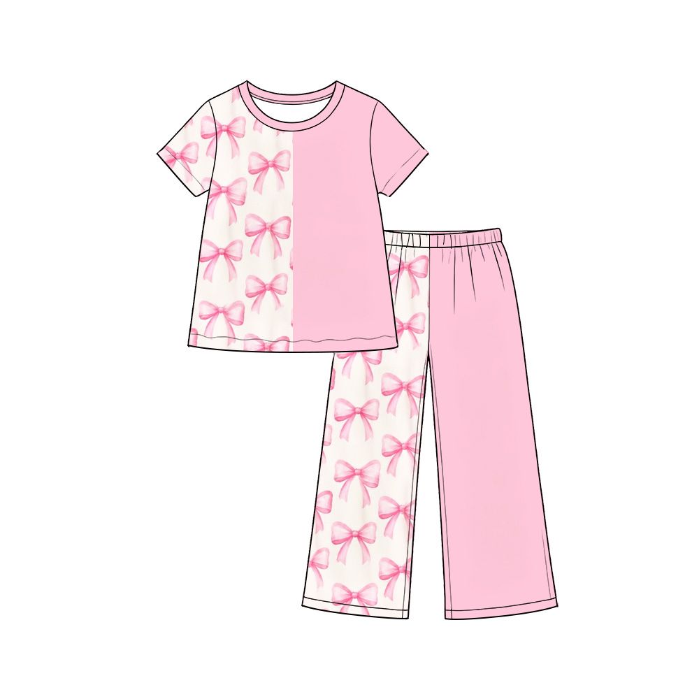 Moq 5 Preorder Baby Girls Kids Short Sleeves Shirt Bows Pink Pants Set Clothes