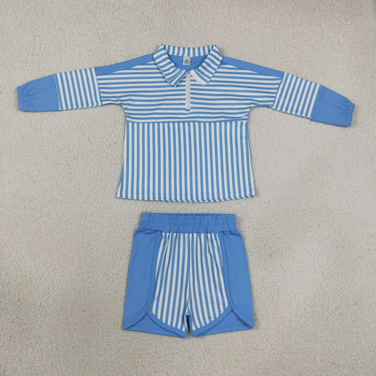 Baby Girls Kids Blue Stripes Zipper Pullover Shorts Yoga Active Set Clothes