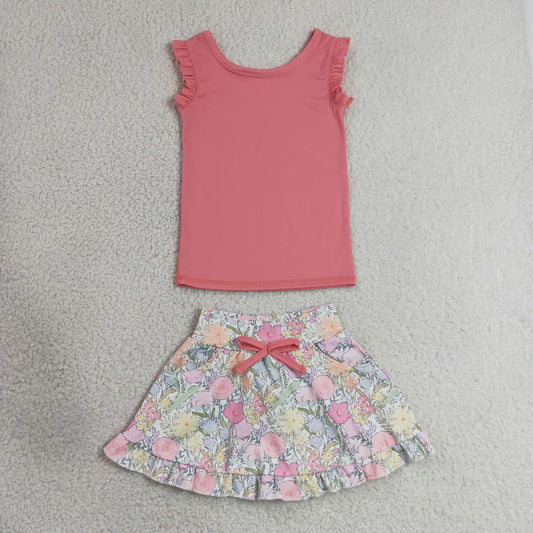 Baby Girls Kids Sleeveless Pink Tops Flower Pockets Scallop Skirt Shorts Yoga Clothes Set