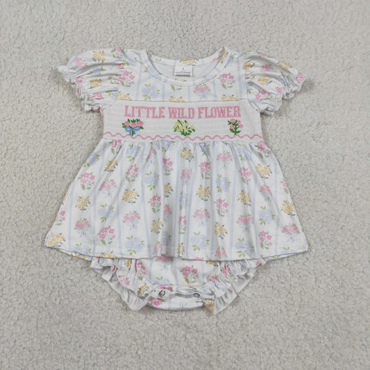 Baby Girls Kids Short Sleeves Embroidery Little Wild Flower Skorts Smocked Romper