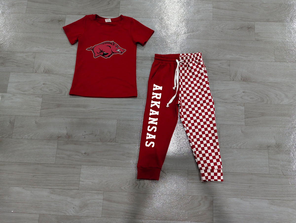 No moq Preorder Baby Boys Kids Short Sleeves Pig Shirt Purple Checked Pockets Pants Team Set Clothes