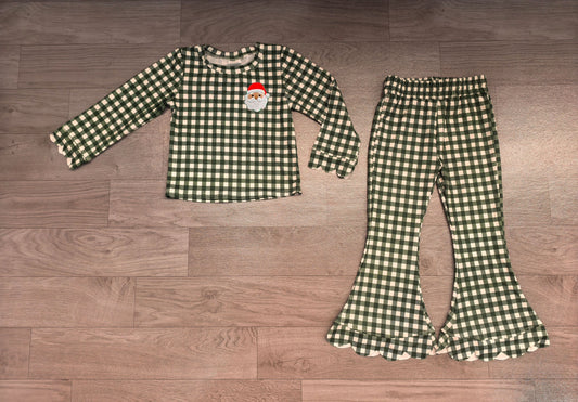 No moq Preorder Baby Girls Kids Embroidery Christmas Santa Scallop Tops Green Plaid Pants Set Clothes